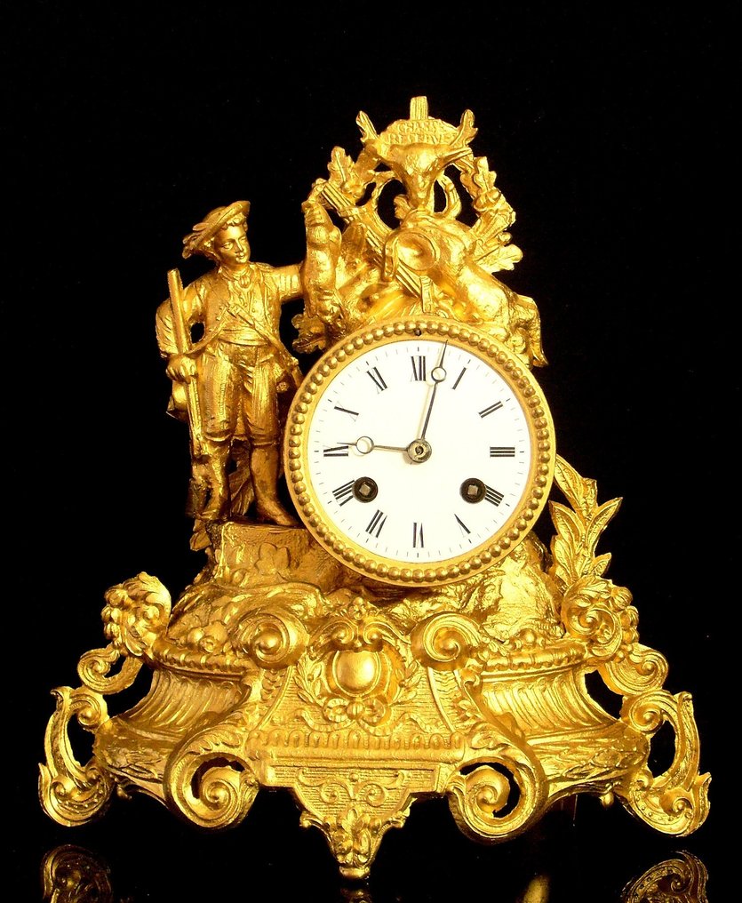 Zegar kominkowy - 19th Century - France "Allegory of the Hunt" Rare Table or mantel clock with 3 Signatures: -  Zabytkowy złoty metal - 1850-1900 #1.1