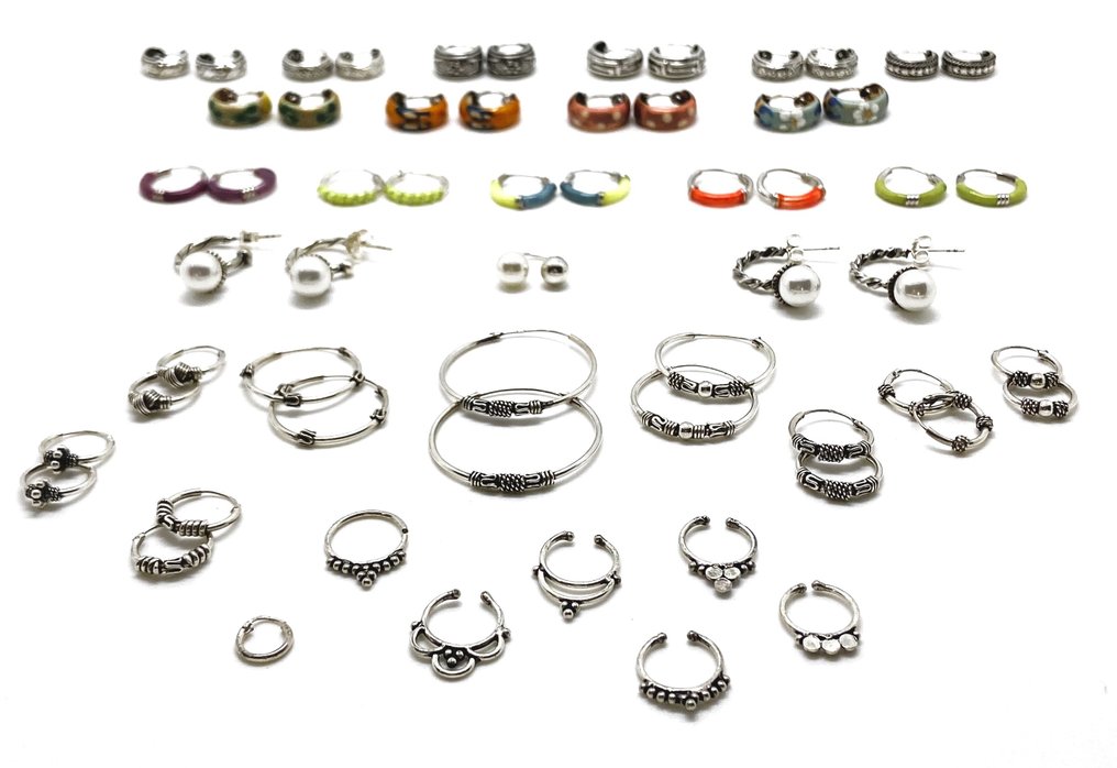 Themed Collection of 26 Bali Style Silver Hoop Earrings and 9 Piercings - Hoop earrings #2.1