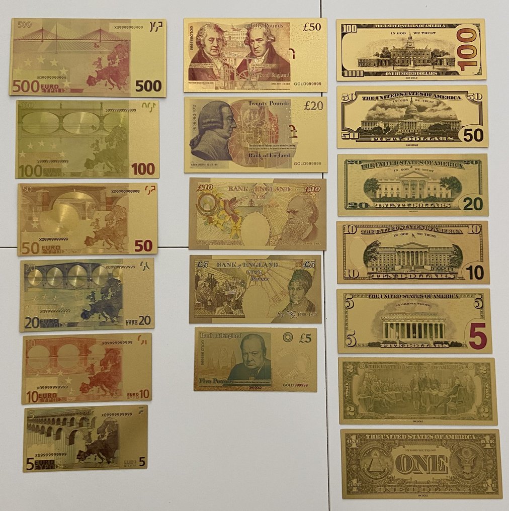 Kolekcja tematyczna 18 limitowanych banknotów pozłacanych 24-karatowym złotem USA, Wielka Brytania,.  (Bez ceny minimalnej
) #1.2