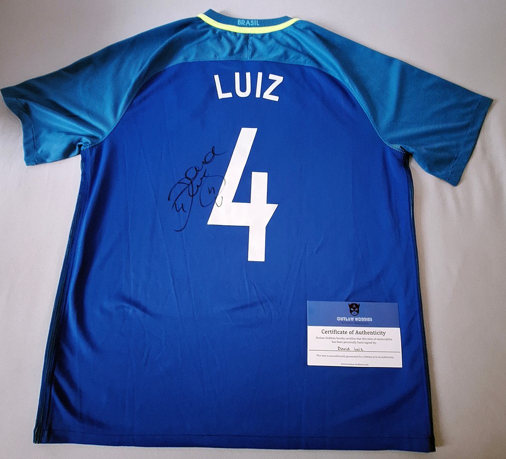 Brasilien - 世界盃足球賽 - DAVID LUIZ * persönlich handschriftlich signiertes Auswärtstrikot Brasilien * hochwertig gerahmt (50 - 足球球衣  #1.3