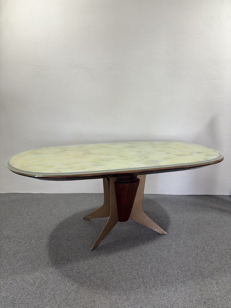 Τραπέζι - Μέταλλο, Ξύλο - Τραπέζι με βάση από καπλαμά ροδόξυλο και εμαγιέ μέταλλο, ξύλινο τοπ με γυαλί #2.1