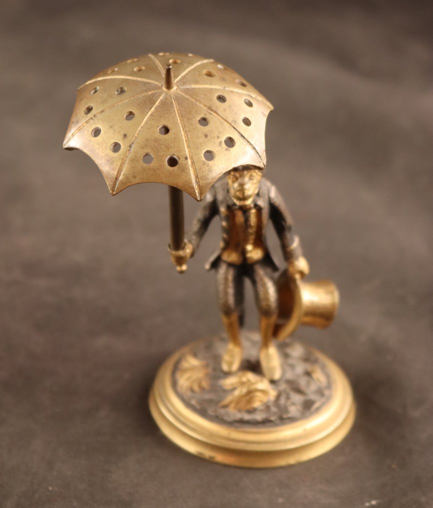 Skulptur, houder voor cocktailprikkers - aap met hoed en paraplu - 11 cm - Brons #1.2