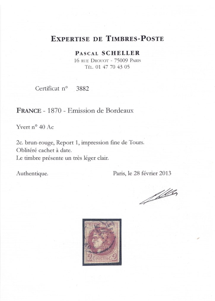 France 1870/1870 - Report 1 Fine Print of Tours Signed + Scheller certificate - Yvert et Tellier 40Ad #2.1