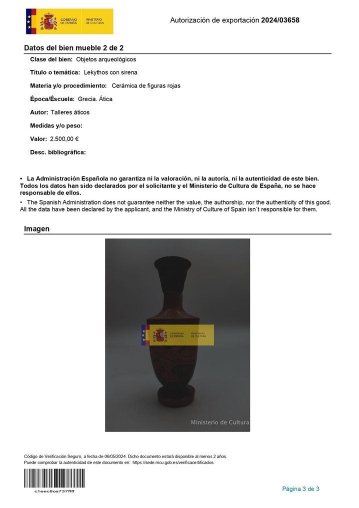 Grécia Antiga Lekythos de Attic de Cerâmica Muito Raro com Sereia Com licença de exportação espanhola #3.2