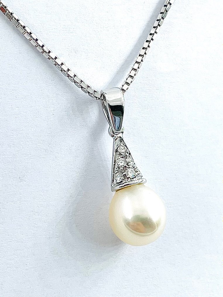 Collier - 18 carats Or blanc Perle - Diamant #2.1