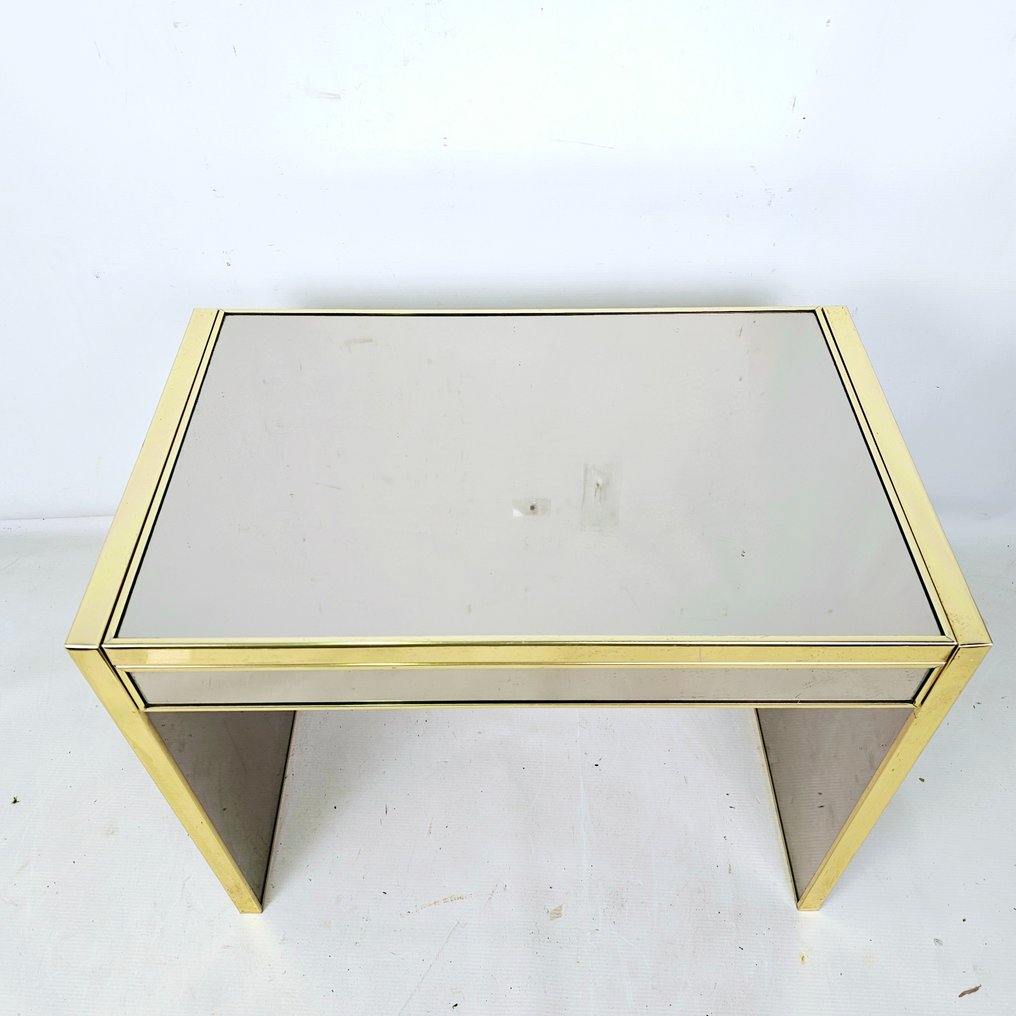 Elegant gilded mirror glass side table Approx. 1970 - Tavolino di servizio - Ferro, Legno, Placcato oro, Tessuto, Vetro #2.1