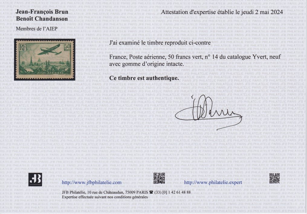 France 1936 - PA n° 14, 50 francs green signed Brun - Yvert #2.2