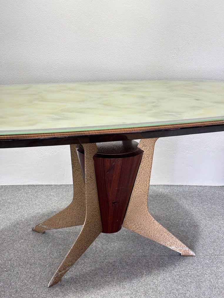 Τραπέζι - Μέταλλο, Ξύλο - Τραπέζι με βάση από καπλαμά ροδόξυλο και εμαγιέ μέταλλο, ξύλινο τοπ με γυαλί #2.2
