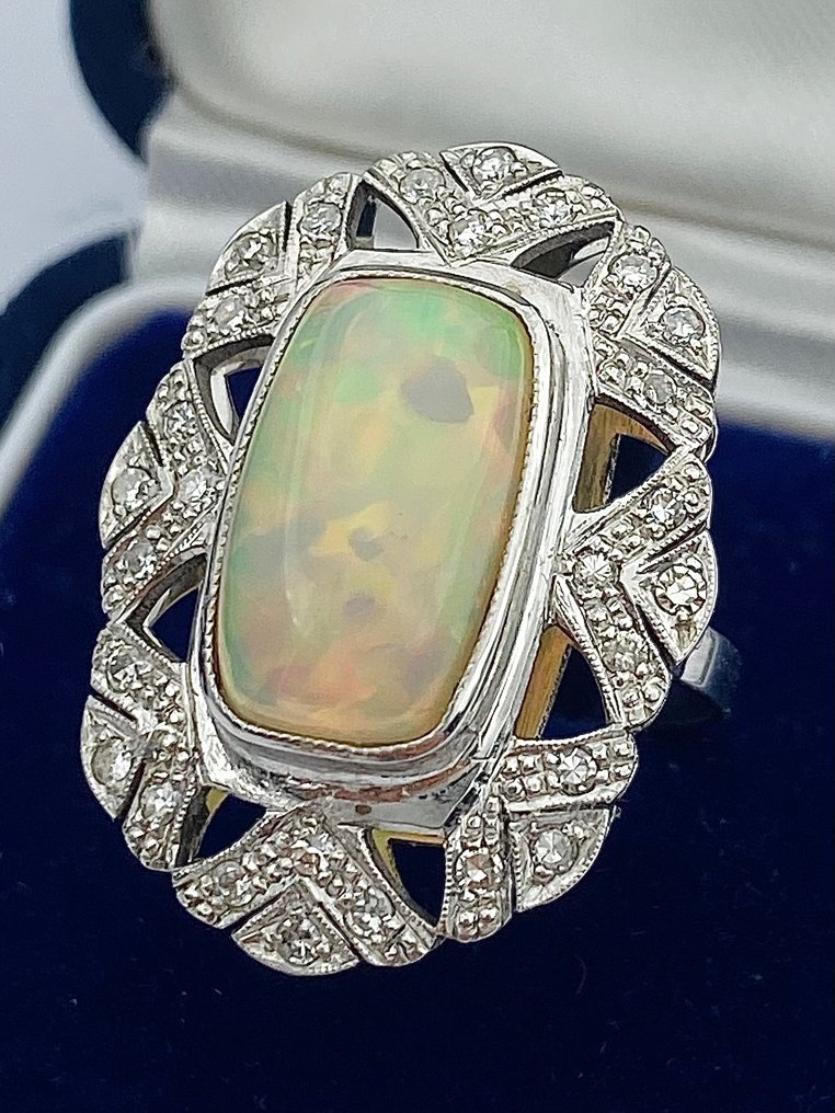Ring - 14 kt Silver, Vittguld Opal - Diamant #2.1