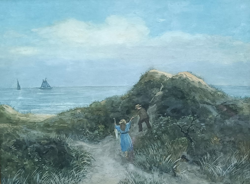 M.A. van Aken (1854-1933) - Zoeken naar een romantisch plekje in de duinen langs het strand van Scheveningen #1.1