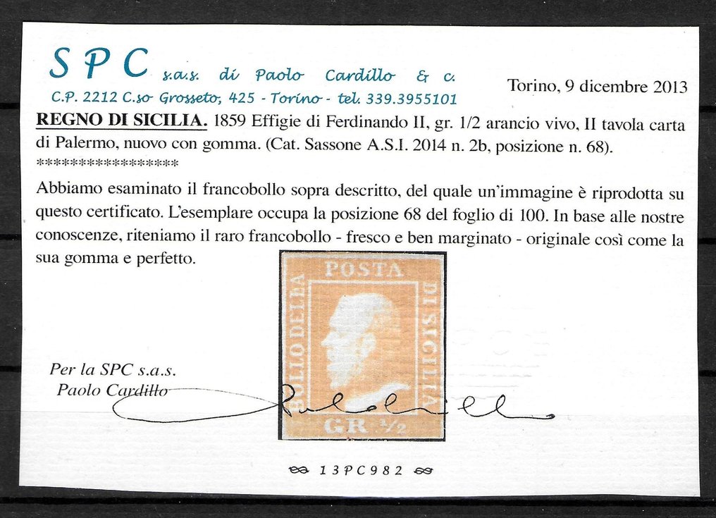 Antigos Estados Italianos - Sicília 1859 - 1/2 gr. mesa de papel laranja brilhante II de Palermo - Sassone n.2b #2.1