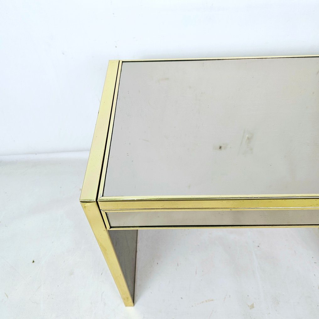 Elegant gilded mirror glass side table Approx. 1970 - Tavolino di servizio - Ferro, Legno, Placcato oro, Tessuto, Vetro #1.2