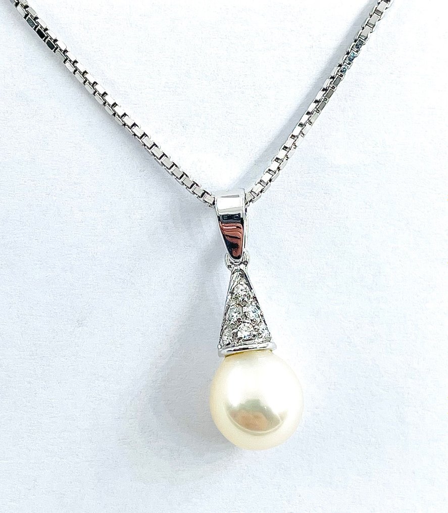 Collier - 18 carats Or blanc Perle - Diamant #1.1