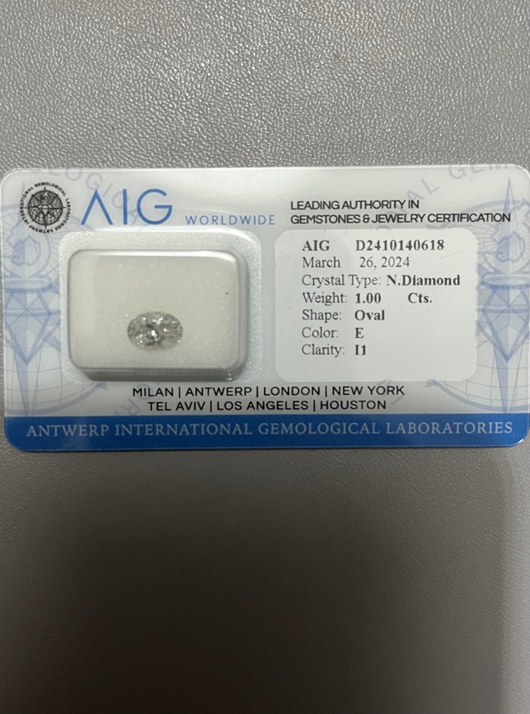 1 pcs Diamante  (Natural)  - 1.00 ct - Ovalado - E - I1 - Antwerp International Gemological Laboratories (AIG Israel) #1.2