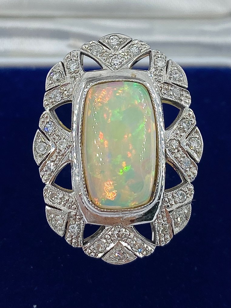Ring - 14 kt Silver, Vittguld Opal - Diamant #1.1