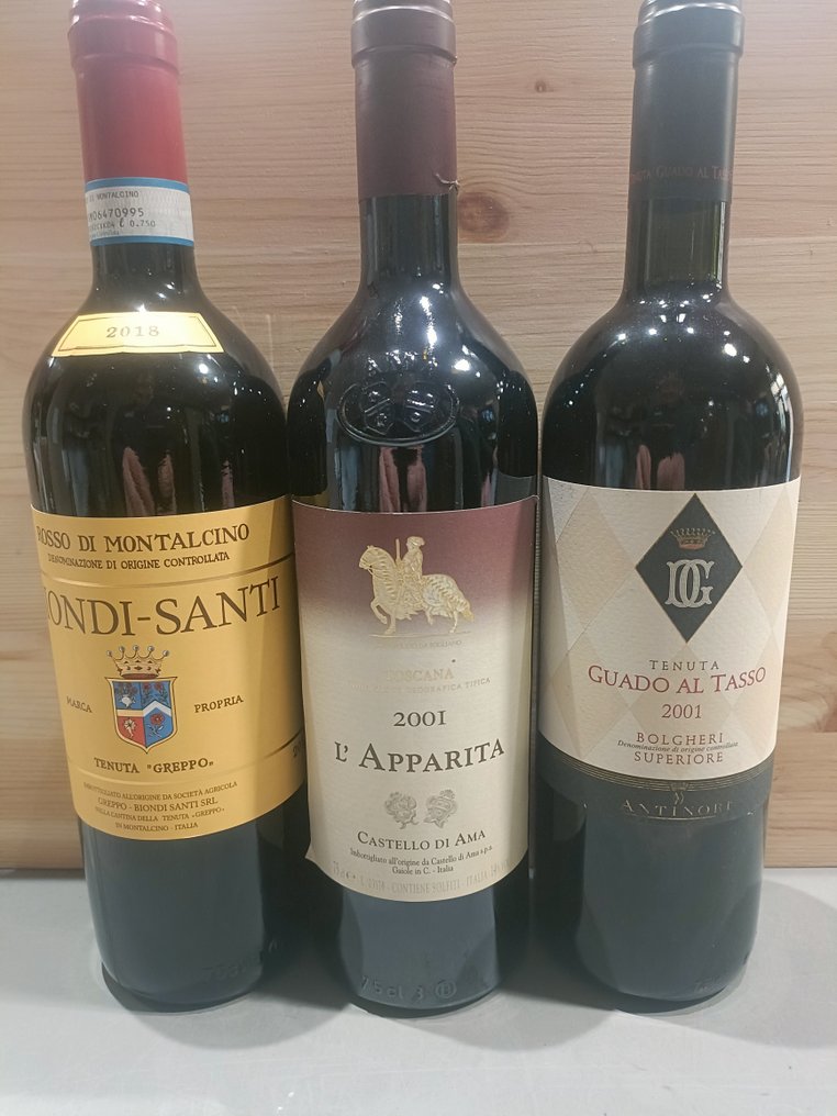 2001 L"Apparita Castello di Ama, 2001 Guado al Tasso & 2018 Biondi Santi, Rosso Montalcino - Toscane DOC - 3 Fles (0,75 liter) #1.1