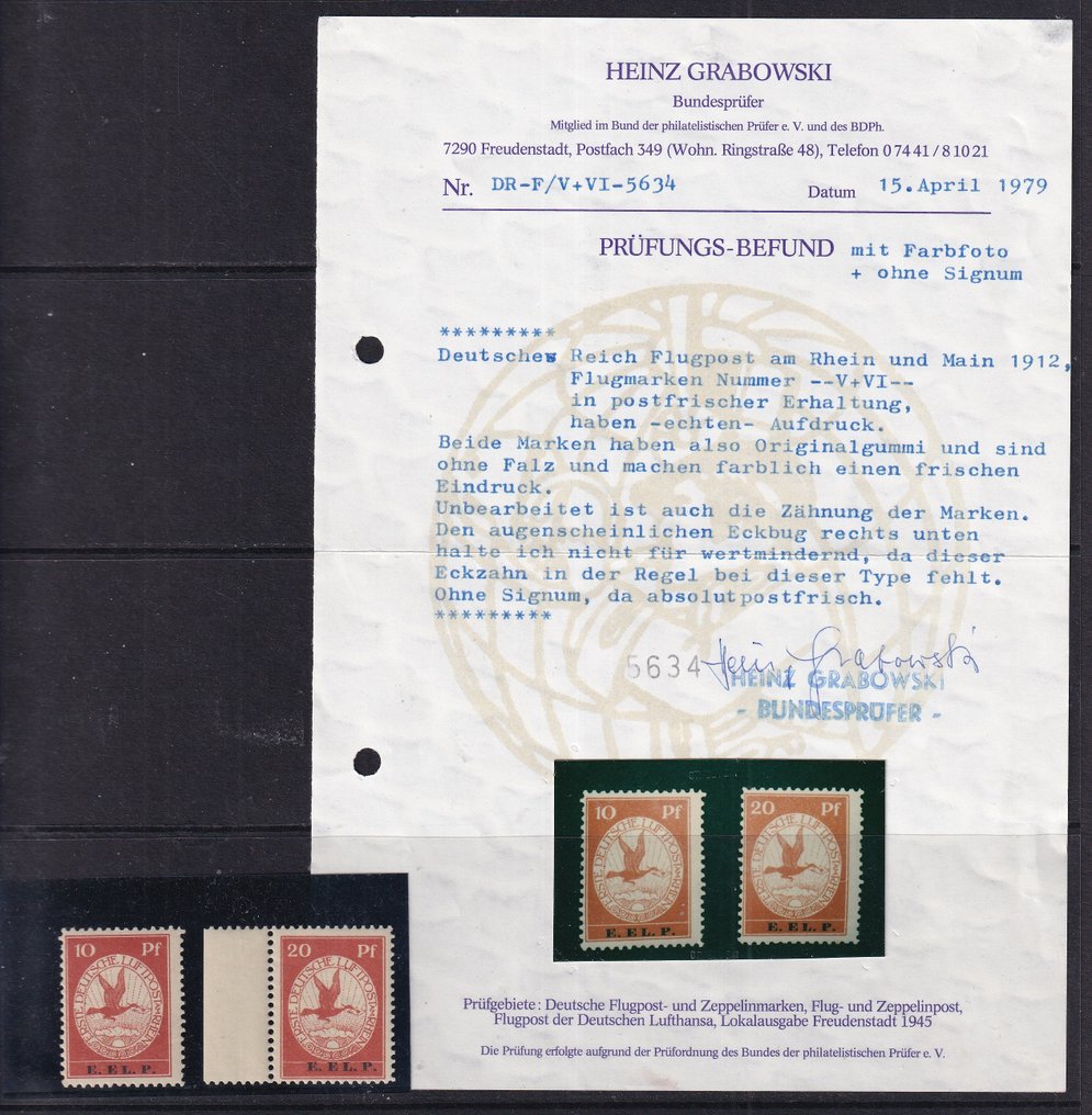 德意志帝国 1912 - 航空邮件问题“E. EL. P.”有证书或签名 - Michel: V/VI #2.1