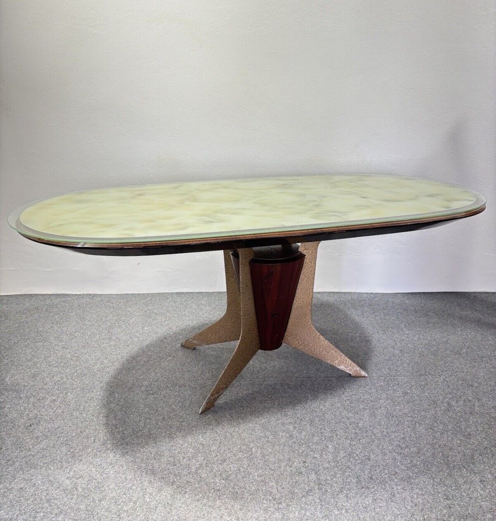 Τραπέζι - Μέταλλο, Ξύλο - Τραπέζι με βάση από καπλαμά ροδόξυλο και εμαγιέ μέταλλο, ξύλινο τοπ με γυαλί #1.1