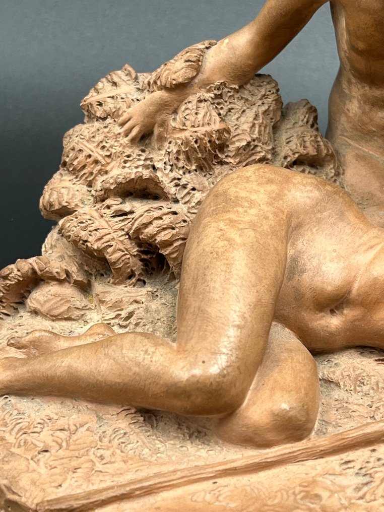 Joseph-Emmanuel Cormier 1869-1950 - 小雕像 - Faun bij liggend naakt - Terracotta #3.2