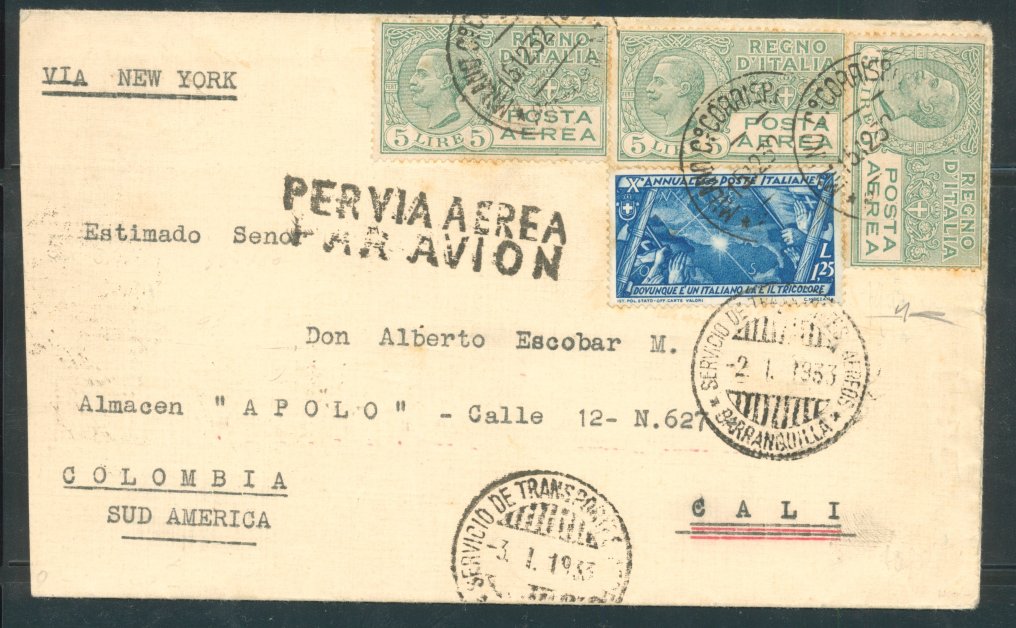 Olasz Királyság 1932 - Légi boríték Milánóból Caliba, a római március 10. évfordulóján pecsételve + PA 5 líra #1.1