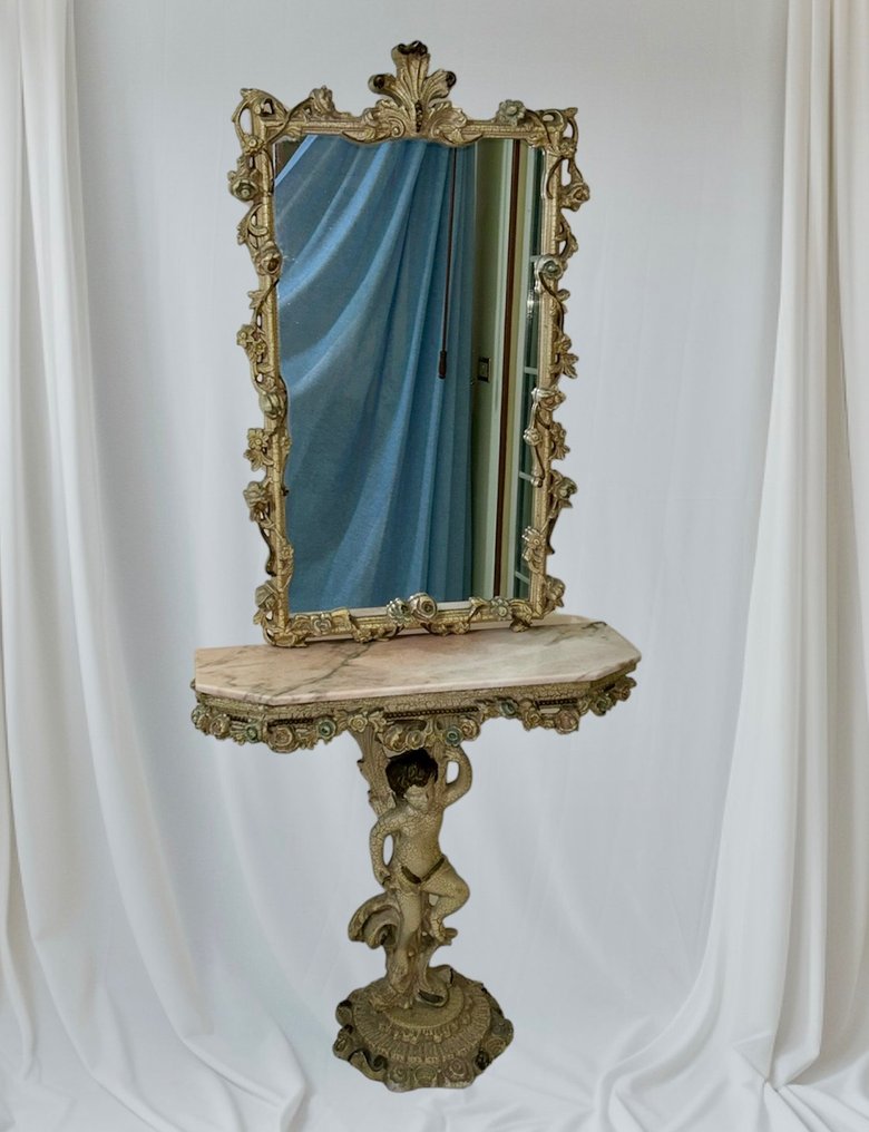 Consola - veneciano con espejo - Madera, Mármol #1.1