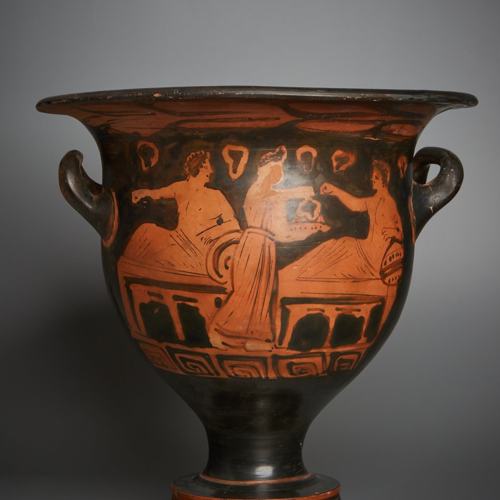 Antikens Grekland Keramik Klockkrater med bankettscen, 300-talet f.Kr. 26 cm Höjd. TL-test och spansk exportlicens. #1.2