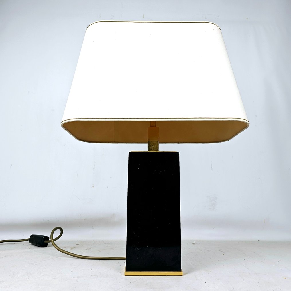 Exceptionally rare black onyx marble desk lamp Approx. 1960 - Lampă de birou - Gold plated, Bronz, Marmură, Textile #1.1