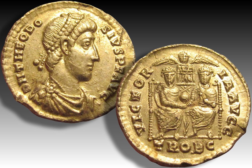 Impreiu Roman. Teodosie I (AD 379-395). Solidus Treveri (Trier) mint - rare - Ex Auktion Hirsch 75, 1971, 952, with old collector ticket #3.1