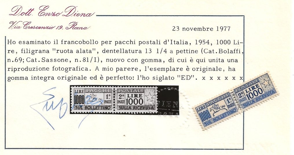 Italie 1954 - 1.000 lires "cavallino" parfaitement centrées, certifiées E.Diena. - Sassone n 81. #3.1