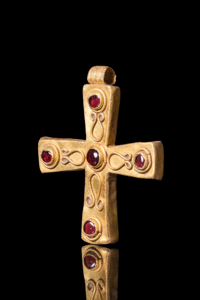 Byzantine Gold Cross Pendant with Scrollwork and Garnets - Beautiful! #1.2