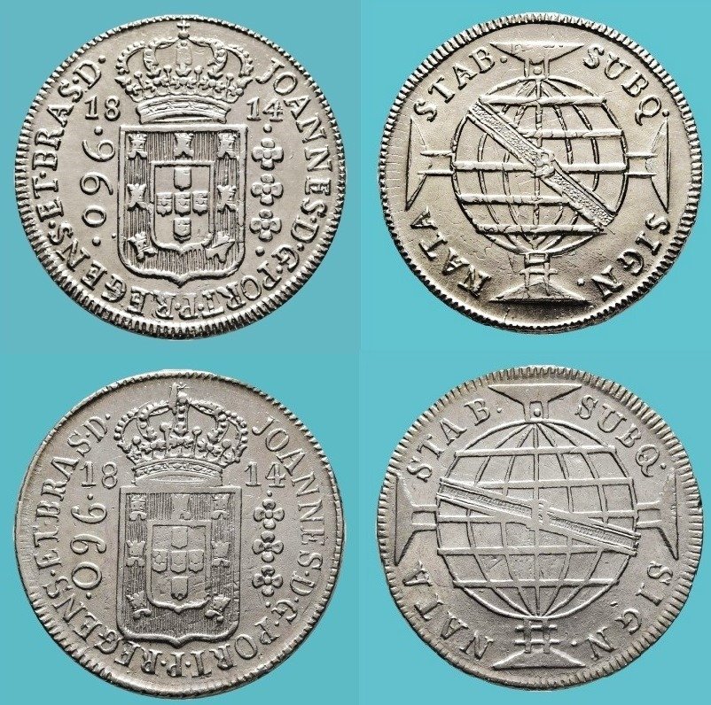巴西（殖民地）, 葡萄牙. D.约翰 摄政亲王 （1799-1816）. 960 Réis - 1814 - Bahia + Rio de Janeiro - 2 Moedas - Escassas #1.1