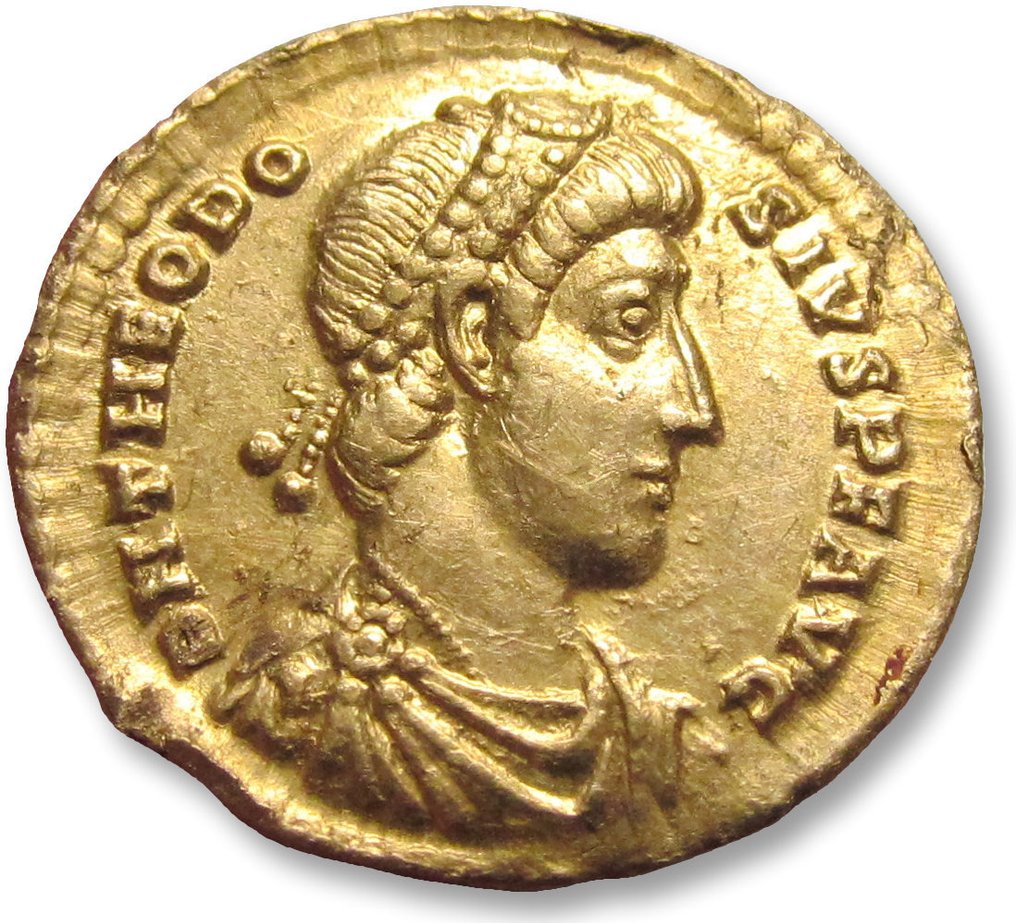 Rooman imperiumi. Theodosius I (379-395). Solidus Treveri (Trier) mint - rare - Ex Auktion Hirsch 75, 1971, 952, with old collector ticket #1.2