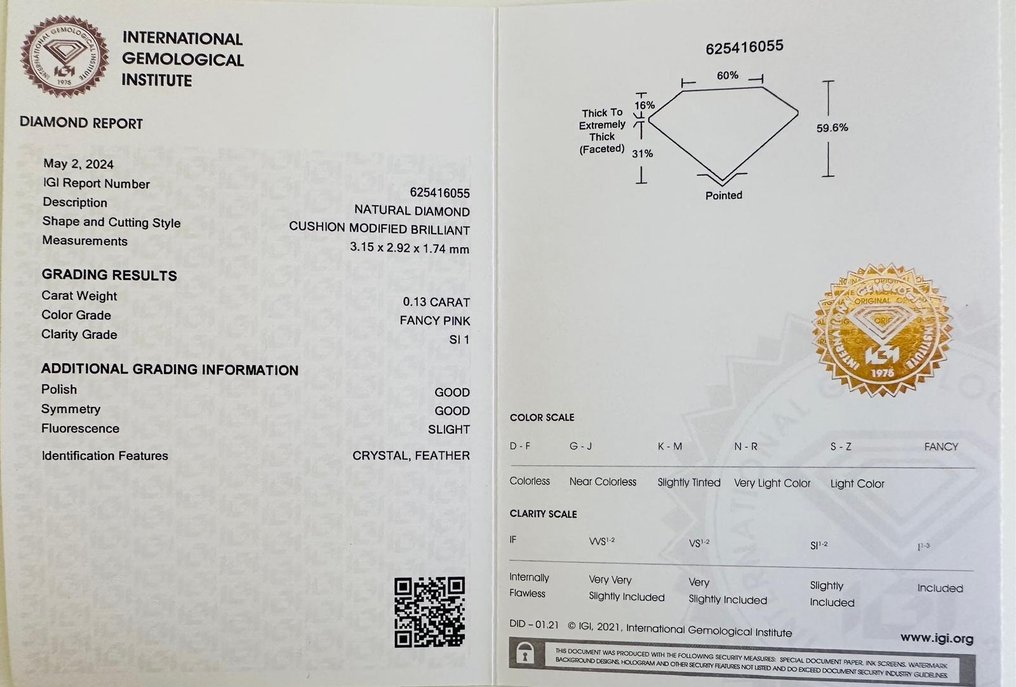 1 pcs Diamante  (Colorido natural)  - 0.13 ct - Almofada - Fancy Rosa - SI1 - International Gemological Institute (IGI) #3.1