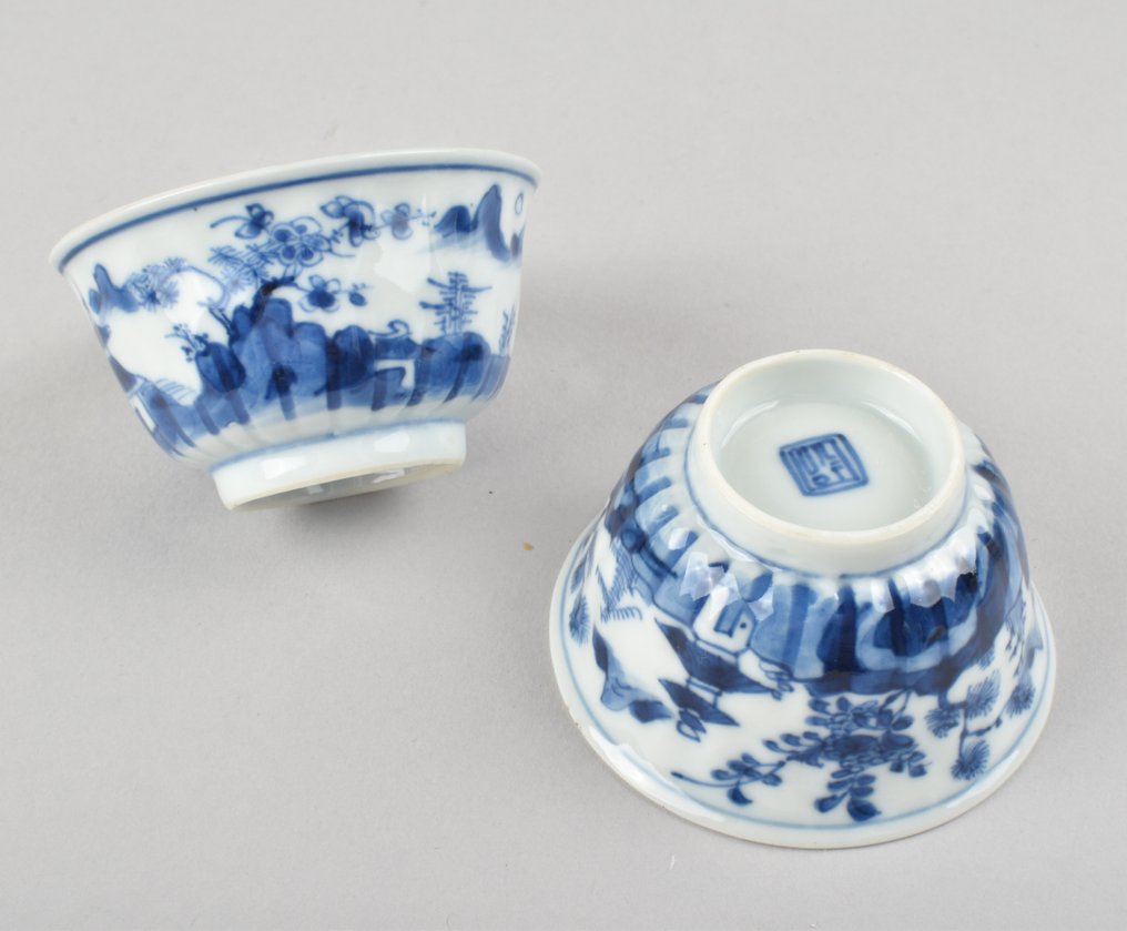 茶碗 - 青花人物篆刻茶碗兩隻 - 瓷器 #1.1