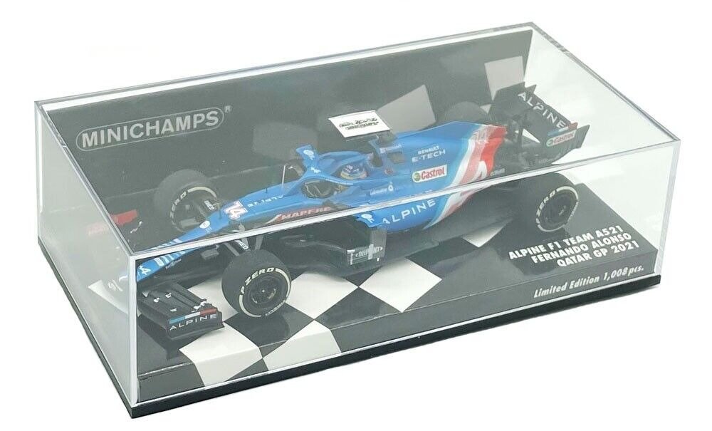 Minichamps 1:43 - Machetă mașină de curse - Alpine F1 Team A521 Fernando Alonso Qatar GP 2021 - Ediție limitată de 1008 bucăți. #2.1