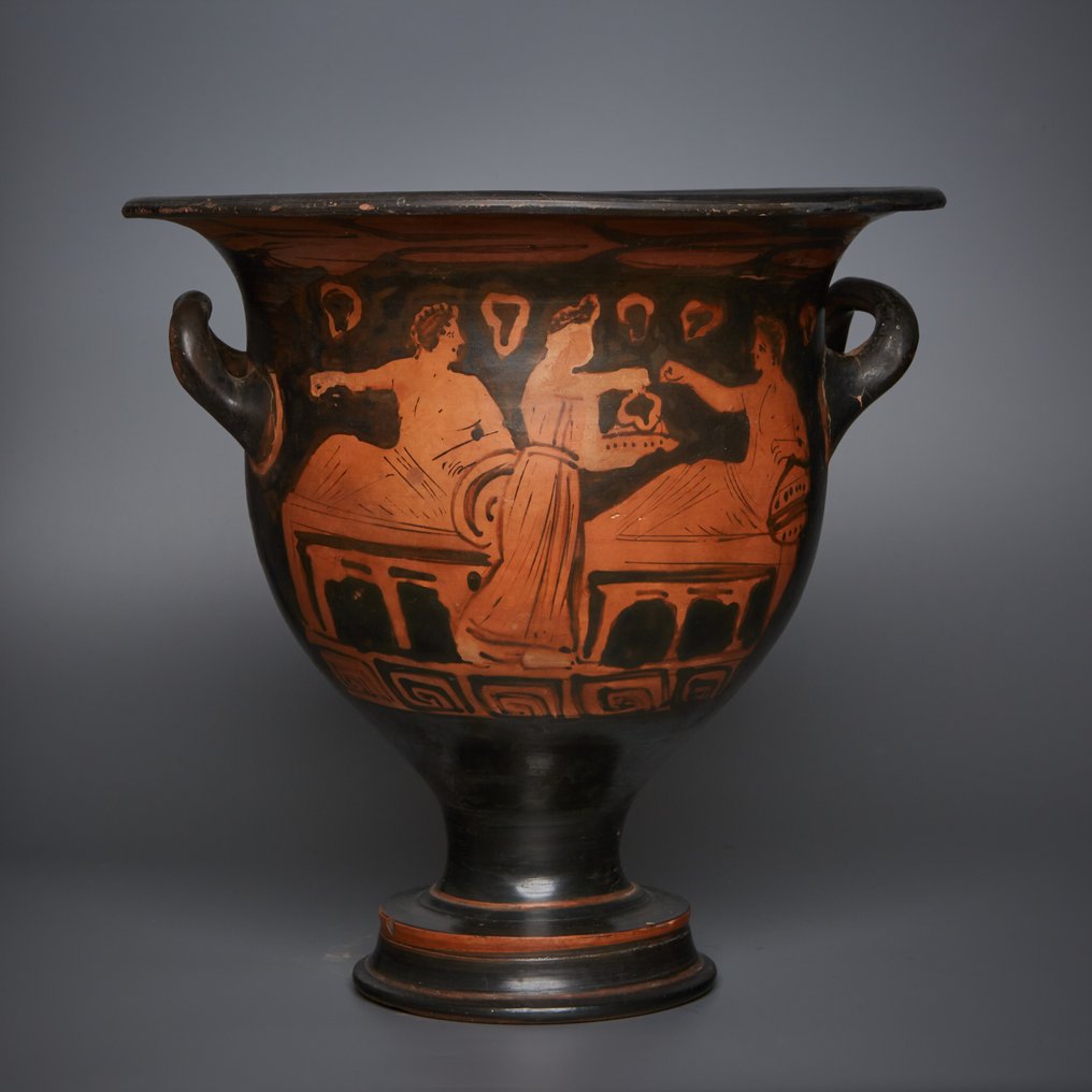 Ancient Greek Pottery Bell krater with banquet scene, 4th century BC. 26 cm Height. TL Test and Spanish Export License. #1.1