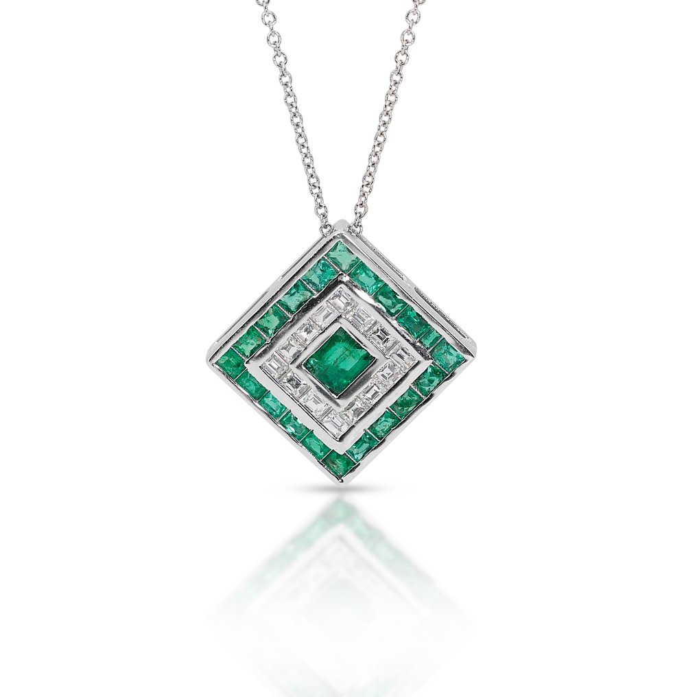 Collana con ciondolo - 14 carati Oro bianco -  1.45ct. tw. Smeraldo - Diamante - Unico nel suo genere #1.2