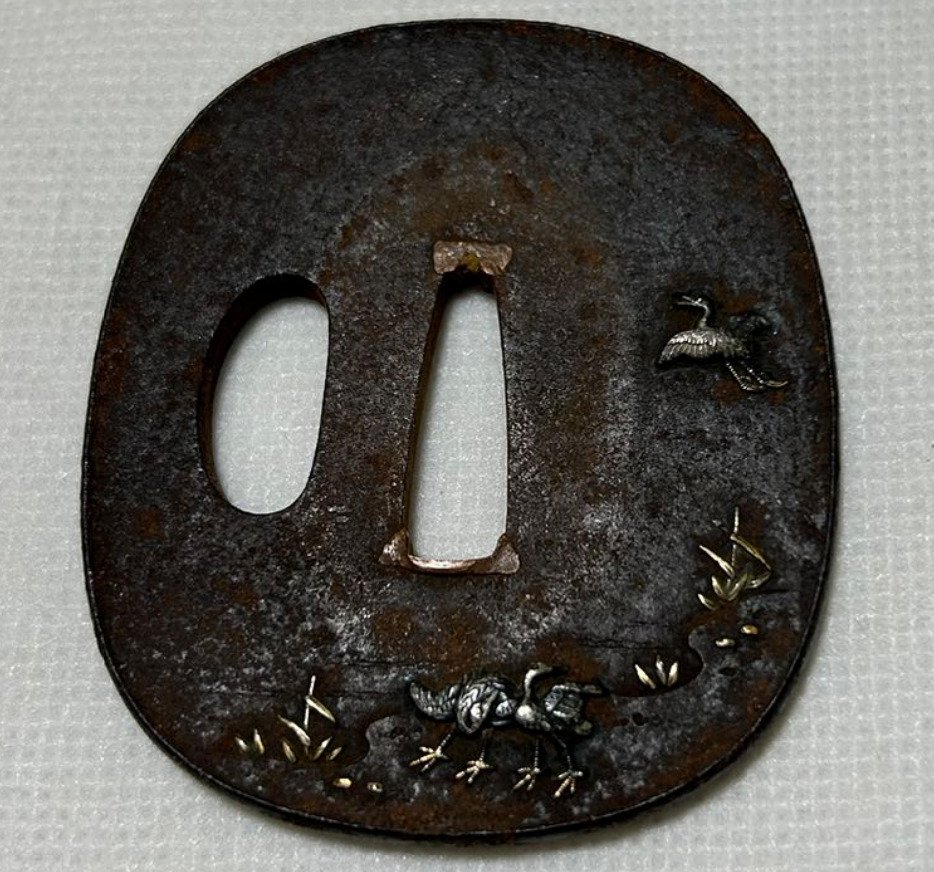 Antikes Eisen-Tsuba mit Gravur von Kranichen und Bambus - Eisen (Gusseisen/ Schmiedeeisen), Gold, Silber - Japan - Edo-Zeit (1600-1868) #1.1