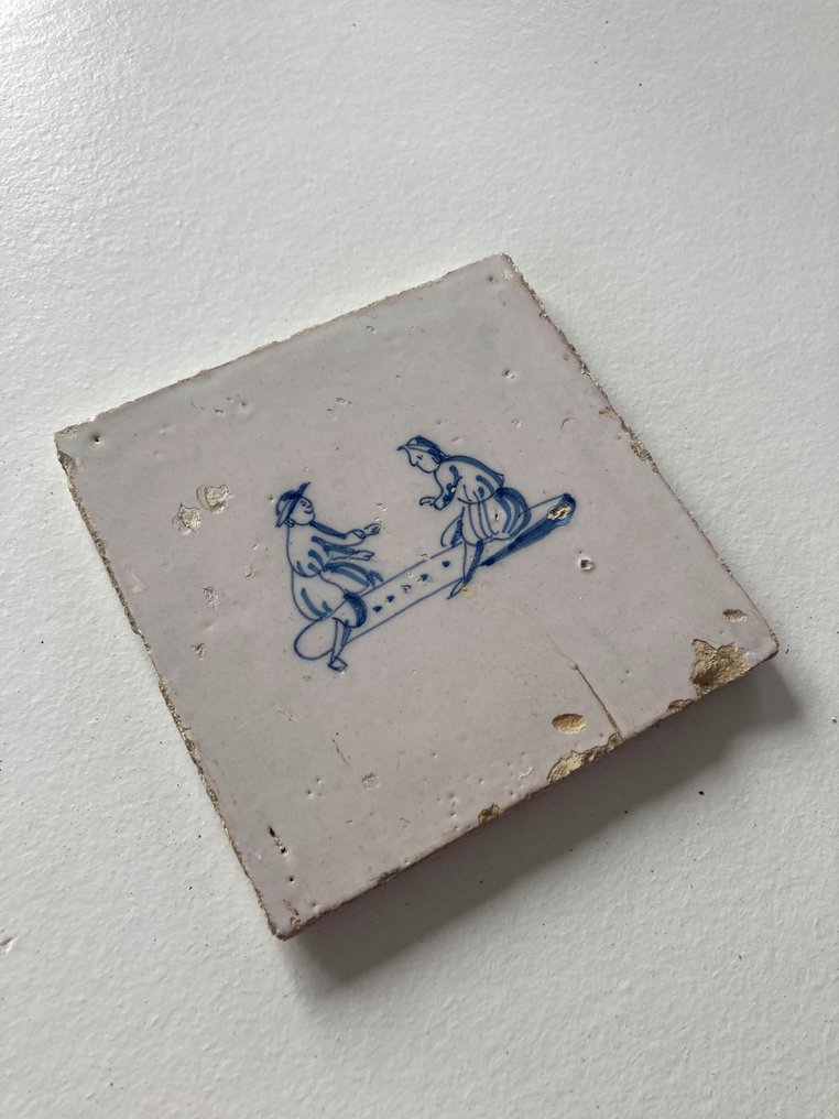  瓦 - 罕见的古董代尔夫特蓝色瓷砖，带儿童游戏，无角图案 - 1700-1750年  #2.1