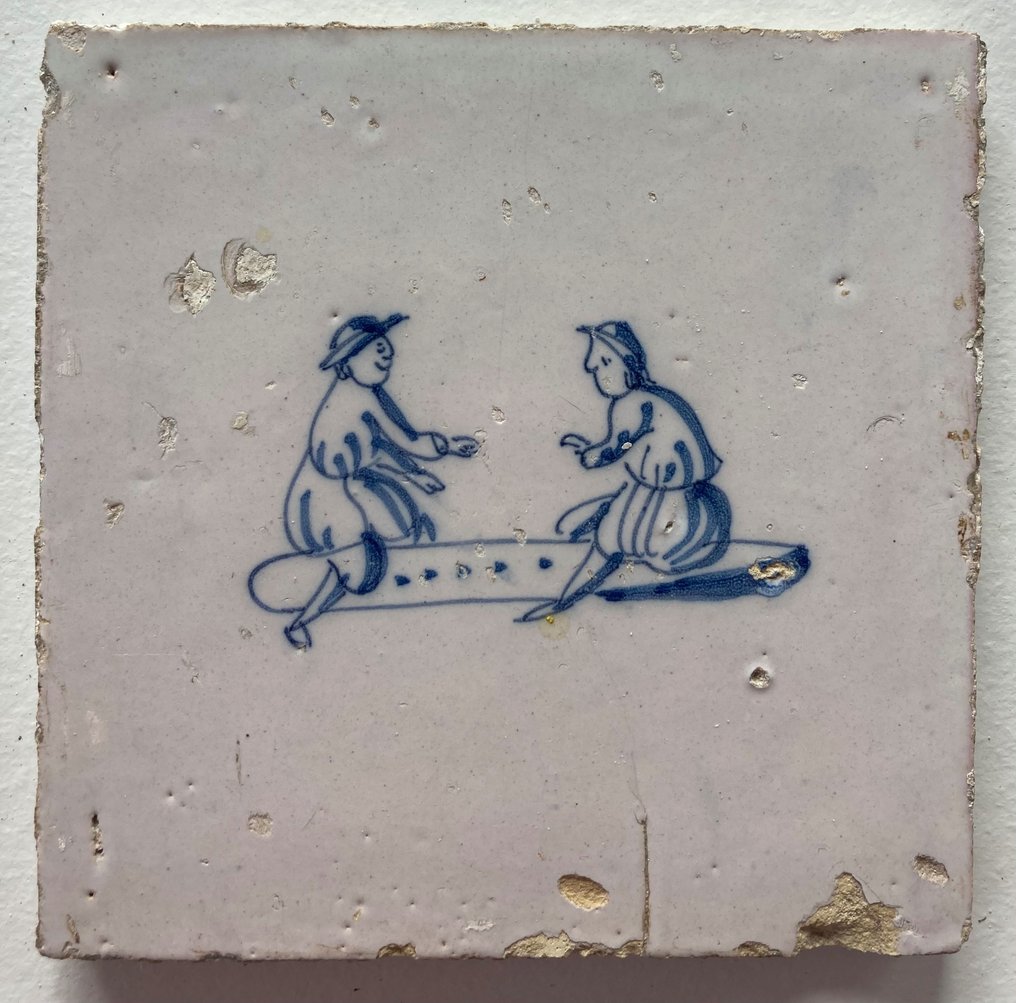  瓦 - 罕见的古董代尔夫特蓝色瓷砖，带儿童游戏，无角图案 - 1700-1750年  #1.1