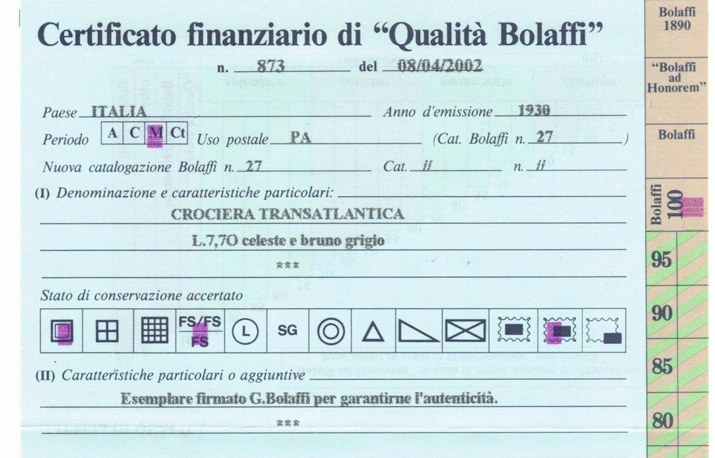意大利 1930 - L 7.70 伊塔洛·巴尔博 (Italo Balbo) 的首次跨大西洋游轮 - Bolaffi #3.1
