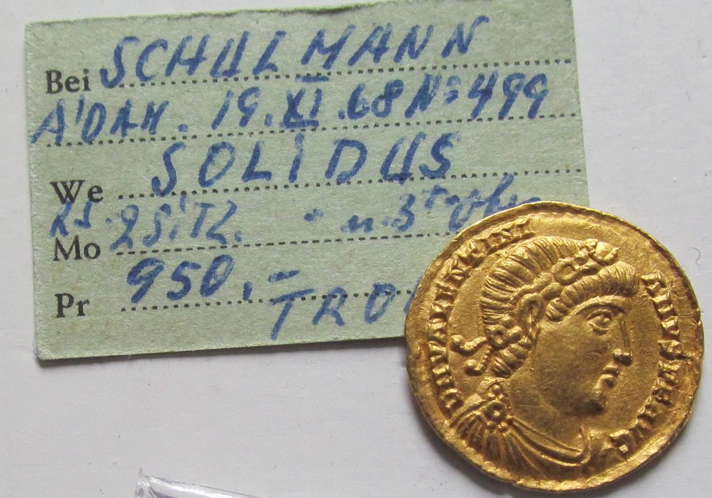 Romerska riket. Valentinian I (AD 364-375). Solidus Treveri (Trier) mint 373-375 A.D. - Ex Schulman 1968, auction 248, with old collector ticket #1.1