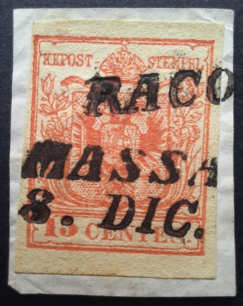 Austria  - Lombardia Venetia – 15 centów ze stemplem pocztowym Massa i Recom, używane do kasowania znaczków #1.1