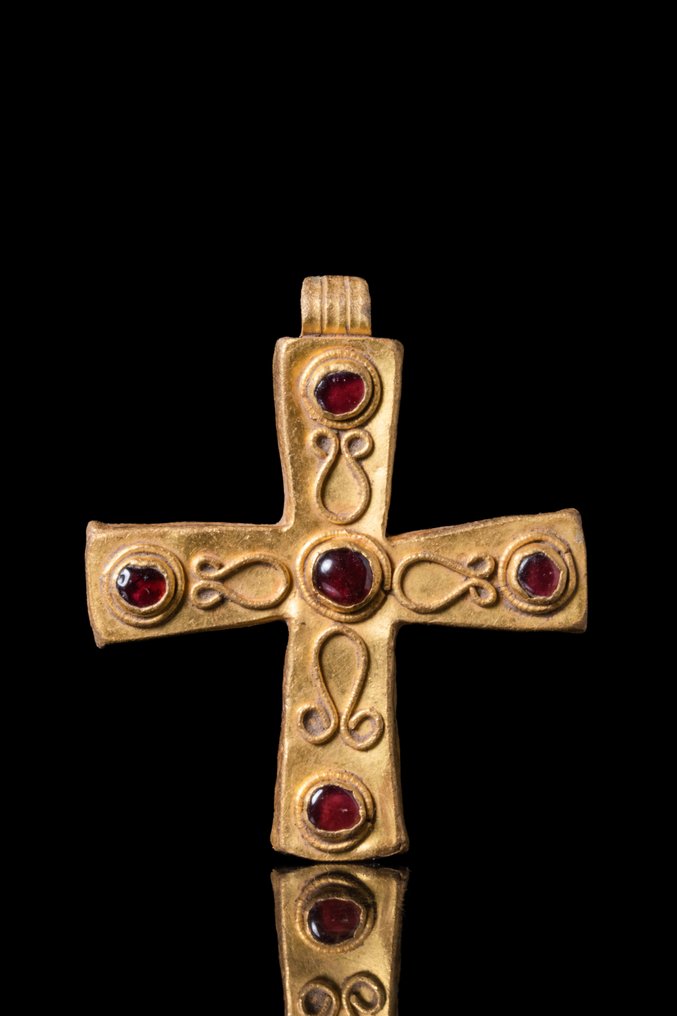 Byzantinsk Gold Cross Pendant med Scrollwork og Granater - Smukt! #1.1