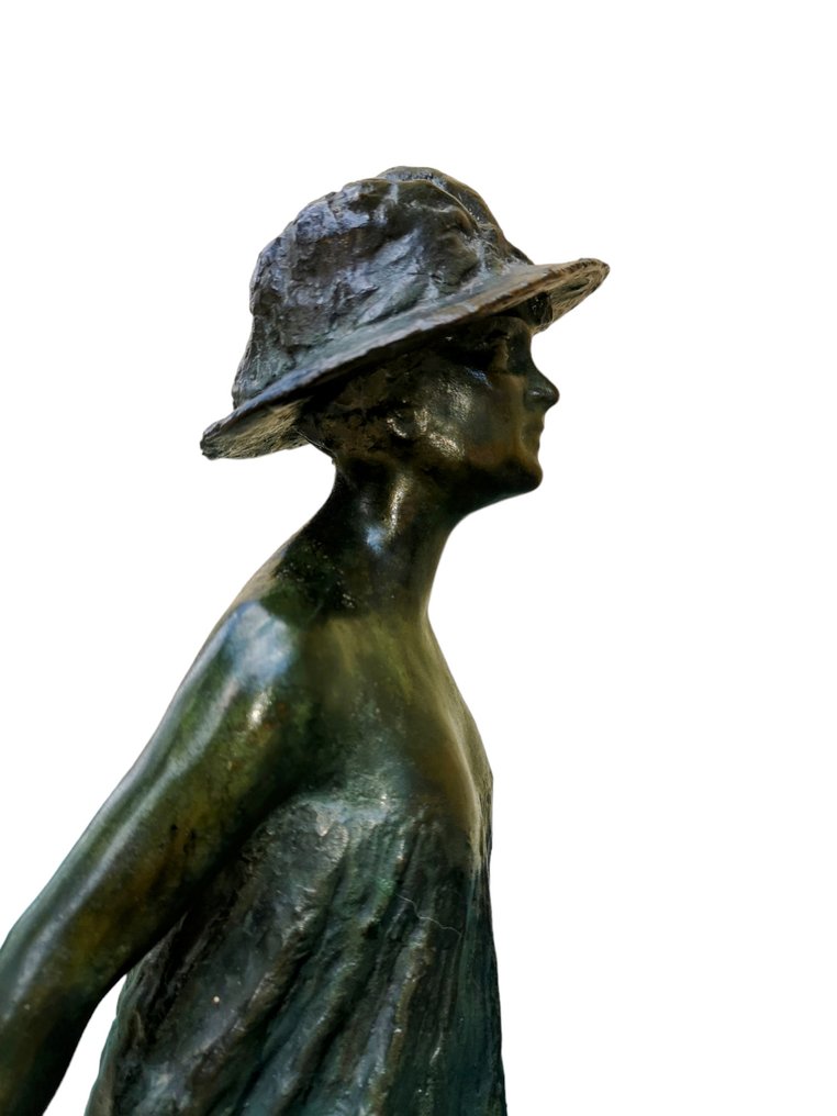 Decandia o de Candia Leonardo - Sculptură, Donna con cappello - 41 cm - Bronz pictat - 1925 #2.1