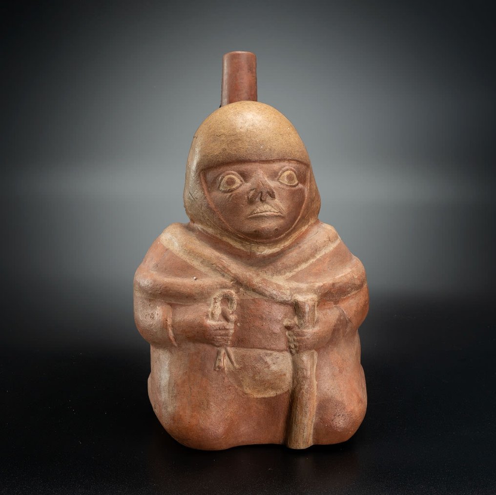 precolumbian. Moche Preot îngenuncheat Vas de ceramică Cu licență de import spaniolă. Publicat. #1.1