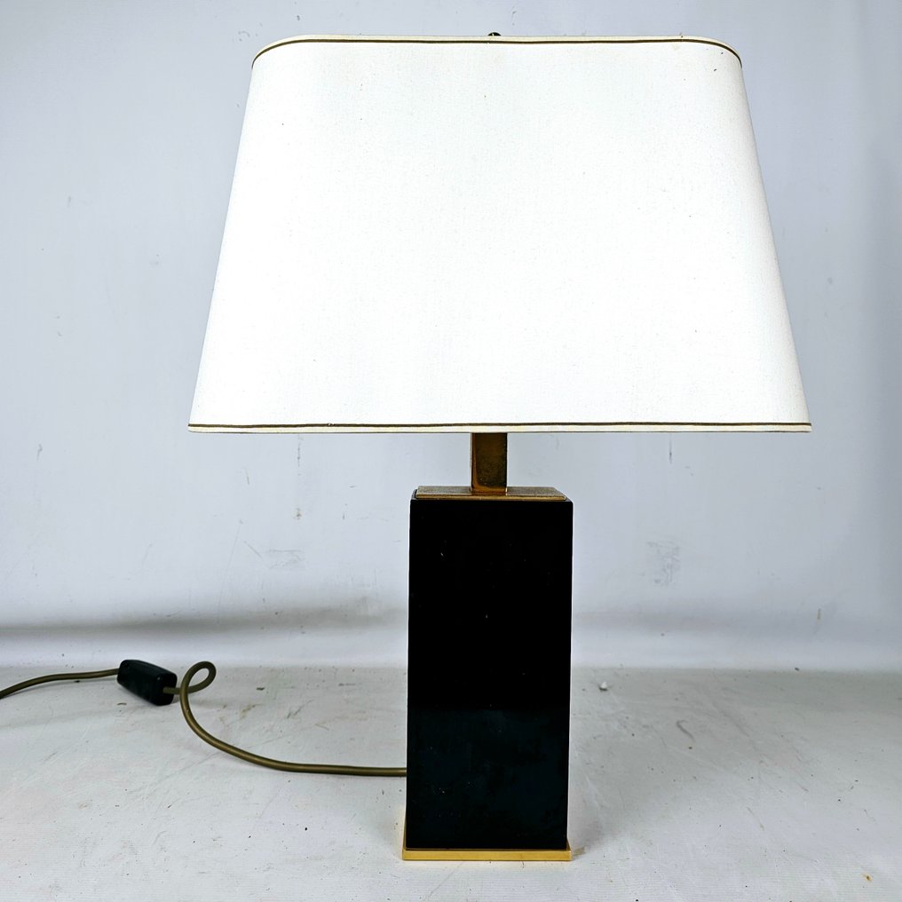 Exceptionally rare black onyx marble desk lamp Approx. 1960 - Lampe de bureau - Bronze, Marbre, Plaqué or, Textile #1.2