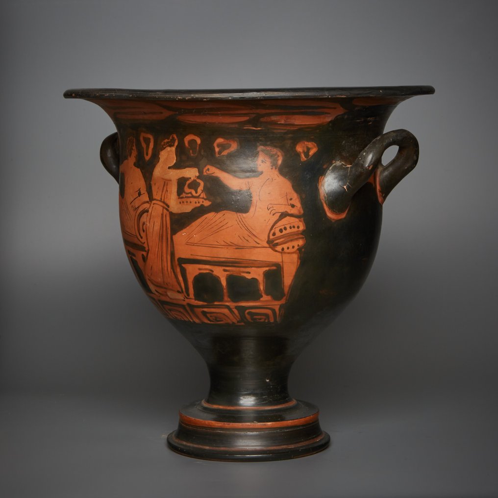 Ancient Greek Pottery Bell krater with banquet scene, 4th century BC. 26 cm Height. TL Test and Spanish Export License. #2.1