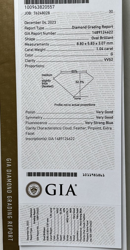 1 pcs Gyémánt  (Természetes)  - 1.04 ct - Ovális - G - VVS2 - Amerikai Gemmológiai Intézet (GIA) #2.1