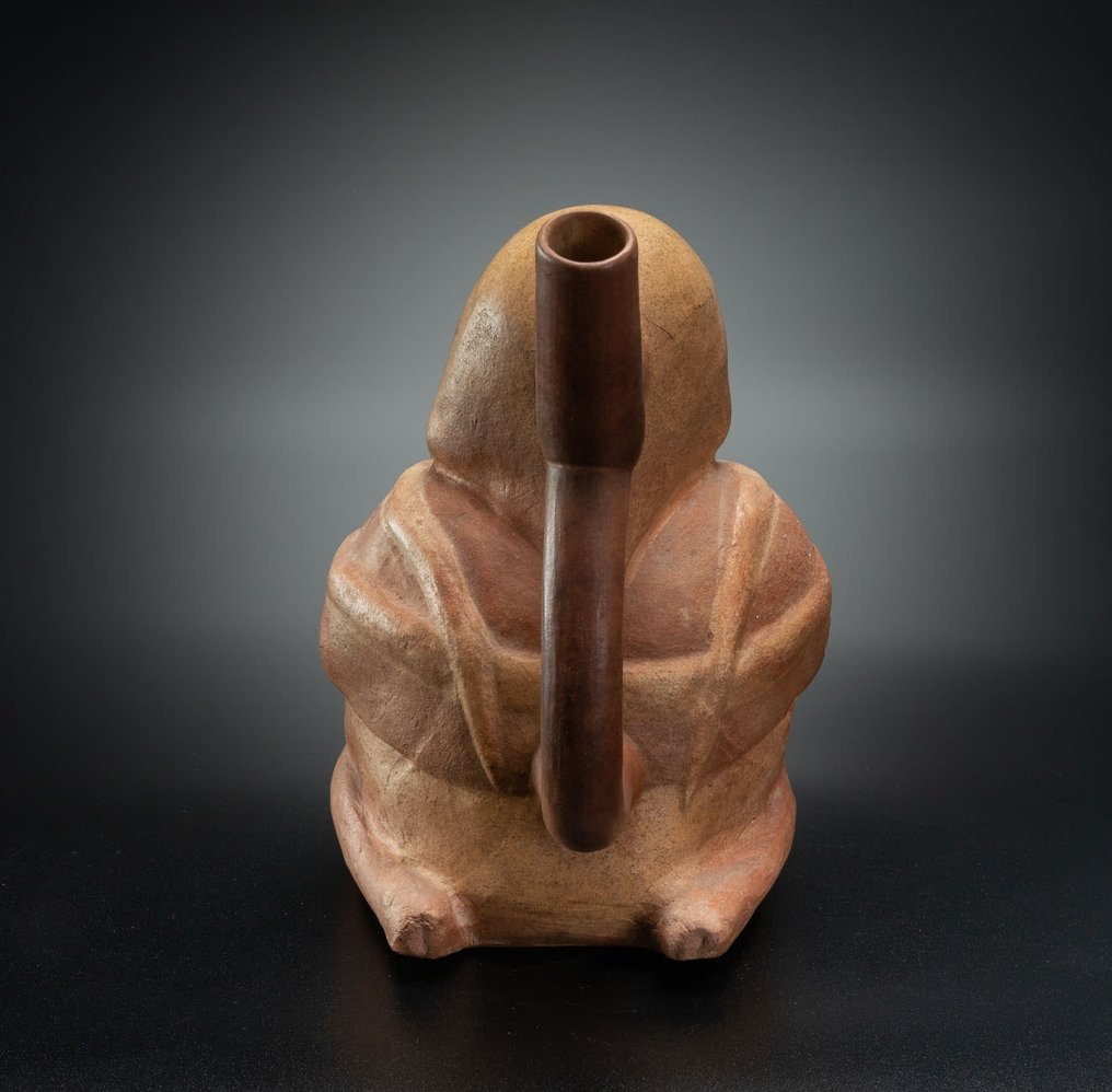 precolumbian. Moche Preot îngenuncheat Vas de ceramică Cu licență de import spaniolă. Publicat. #1.2